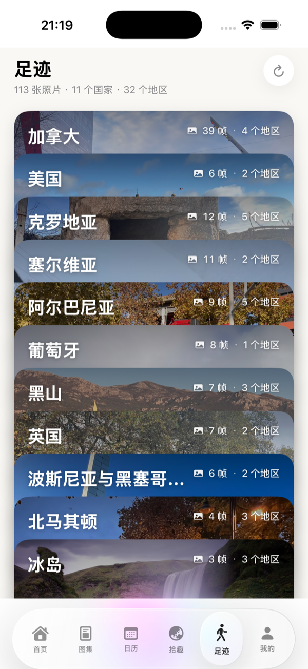 足迹概览：照片总数、国家与地区数，以及国家卡片流